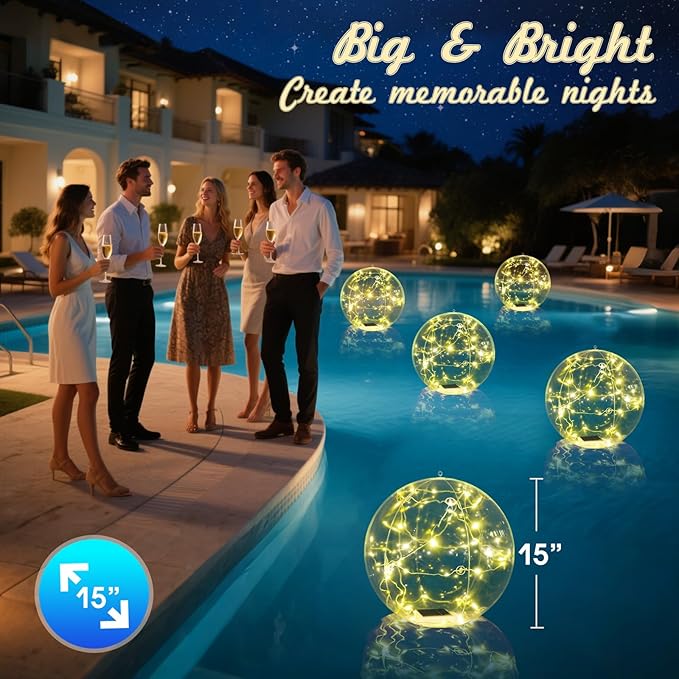 Askyli Floating Pool Lights Solar, IP68 Waterproof Floating Solar Pools Lights, Auto ON/Off Inflatable Pools Solars Light, 15" Inflatable Solars Pools Balls for Pool Pond Outdoor Decor (1Piece)