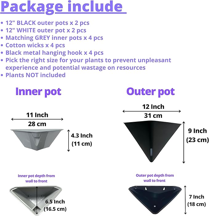 LaLaGreen Wall Planters for Indoor Plants - 4 Pack, 12 Inch Large Self Watering Black and White Mixed Color Geometric Indoor Vertical Garden Wall Hanging Flower Vase Vessel with Metal Hanger Stylish