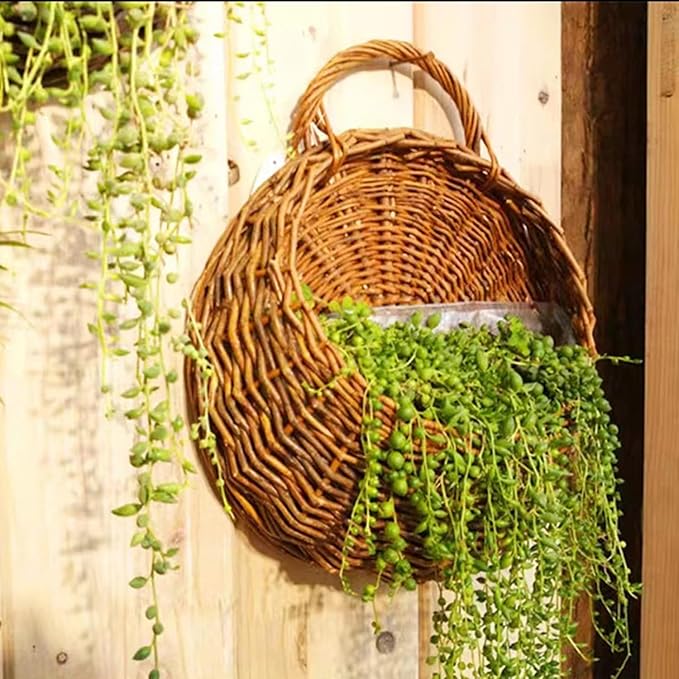Wall Hanging Flower Basket, Handmade Wicker Hanging Basket for Plant Wall Mount Rattan Chlorophytum Comosum Hanging Basket for Front Door, Home, Garden. (S)