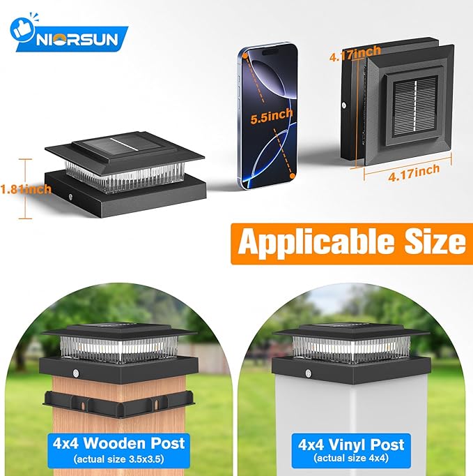 NIORSUN Solar Post Cap Lights Outdoor Waterproof, 4x4 Post Solar Lights RGB Color Changing, Fence Posts Solars Light for Deck Patio Garden Decoration, 4x4 Posts Caps Wood Vinyl, 16 Pack (Black)