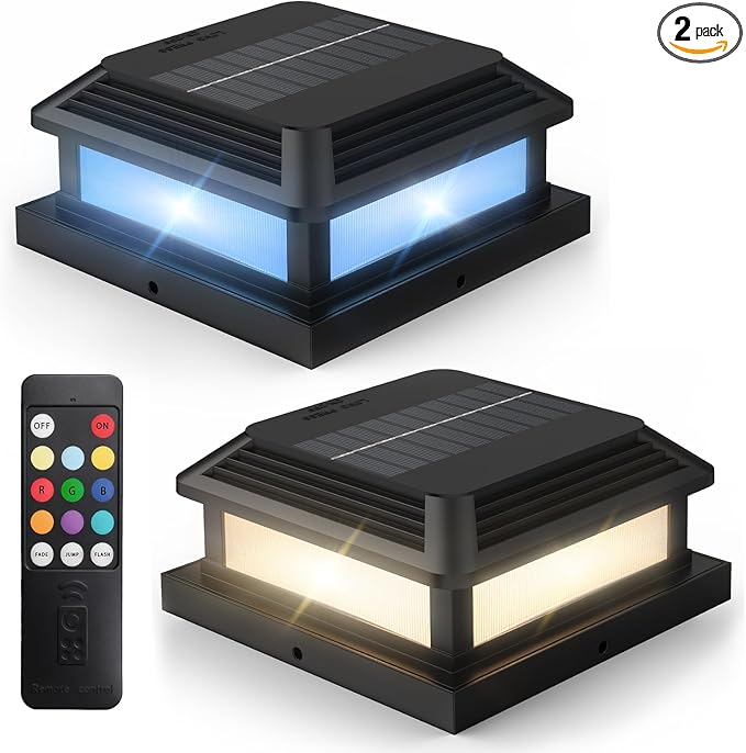 Solar Post Cap Lights with Remote 2 Pack, 9 Colors 3 Modes Changing Solar Deck Lights Outdoor Waterproof, 4x4 Post Solar Lights Fits 4x4/5x5 Wood/Vinyl Fence Deck Posts,Backyard,Garden,Fence