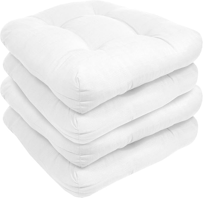 Sweet Home Collection Patio Cushions Outdoor Chair Pads Premium Comfortable Thick Fiber Fill Tufted 19" x 19" Seat Cover, 4 Count (Pack of 1), White