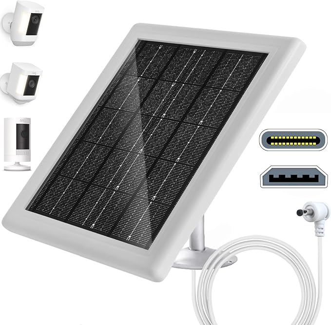 Ring Camera Solar Panel 5V 5W Outdoor Solar Battery Charger for Ring Spotlight Camera/Stick Up Camera with IP65 Waterproof, 16.4ft Cable, 360° Adjustable Bracket (White,1 Pack)