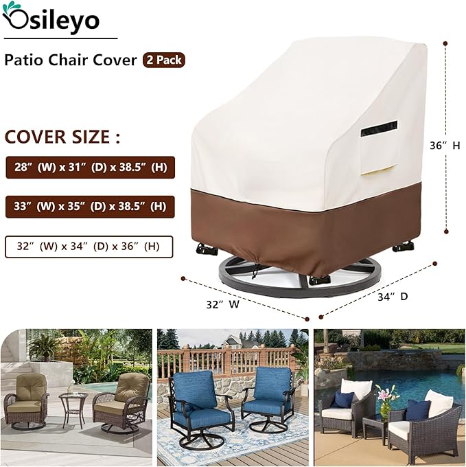 Patio Chair Covers 2 Pack,Swivel Lounge Chair Cover,Waterproof Heavy Duty Patio Furniture Covers for Outdoor Swivel Lounge Chair(32 W x 34 D x 36 H inches) Beige & Brown