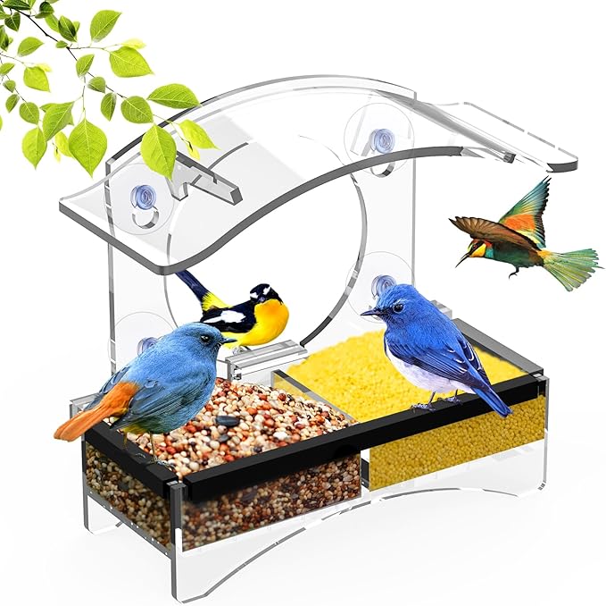 Window Bird Feeder with Strong Suction Cups - Transparent Bird House for Cat, Kids & Elderly Viewing - Polyurethane