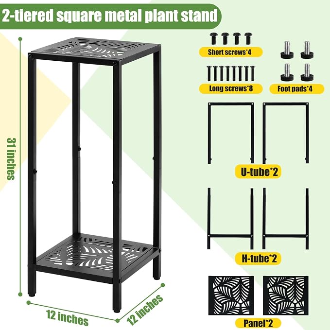 Party Zealot 2 Packs of 2-Tier Tall Metal Square Plant Stand 31” Heavy-Duty Modern Flower Pot Rack for Indoor Living Room, Corner Side Table for Outdoor Patio, Garden Planter Holder, Black, Leaf