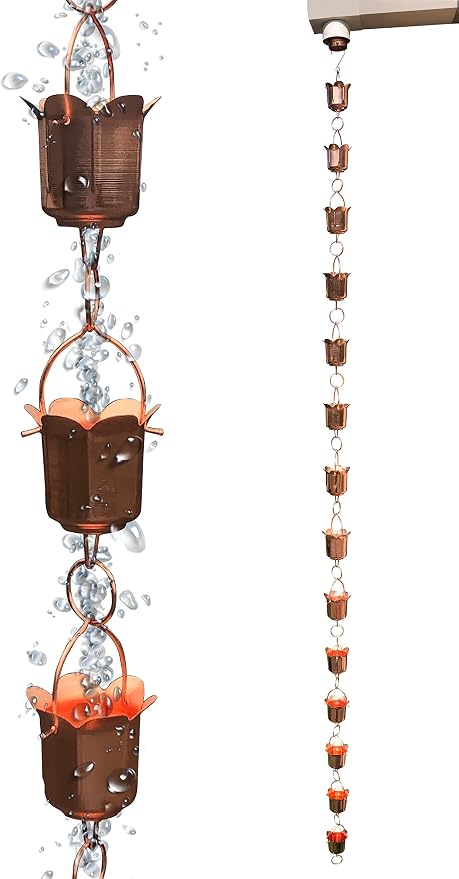 Rain Chains - Pure Copper Tulip Rain Chains for Downspouts. 8.5 Feet Length. Free Gutter Adapter. Windchime and Fountains on Rainy Days.