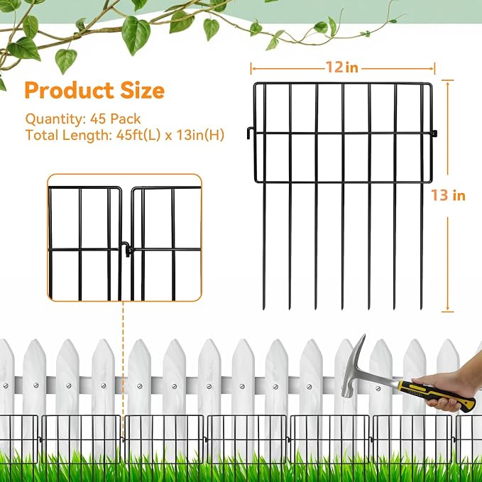 45 Pack Animal Barrier Fence, 45ft(L) x 13in(H) No Dig Fence for Dogs, 1.2in Gaps Anti Digging Fence for Dogs, Rustproof Metal Garden Fence Animal Barrier for Flower Beds & Patio