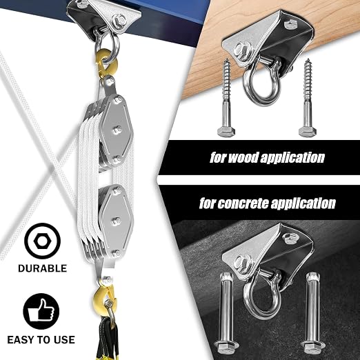 YATOINTO Rope Pulley Hoist 4400 LB, 8:1 Power Pulley Block and Tackle System, Pulley Block 65ft, Rope Hoist for Garage Warehouse Constructions with 1 Swing Hanger 2 Screws 2 Expansion Bolts