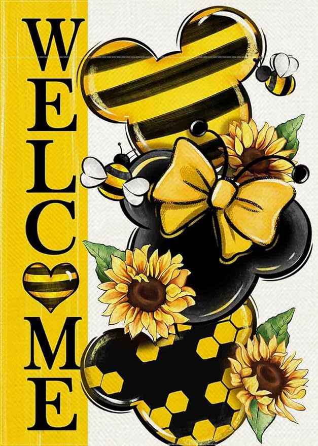 Welcome Spring Decorative Garden Flag, Yellow Sunflower Honey Bumble Bee Yard Outside Decorations, Seasonal Burlap Outdoor Small Home Decor Double Sided 12 x 18