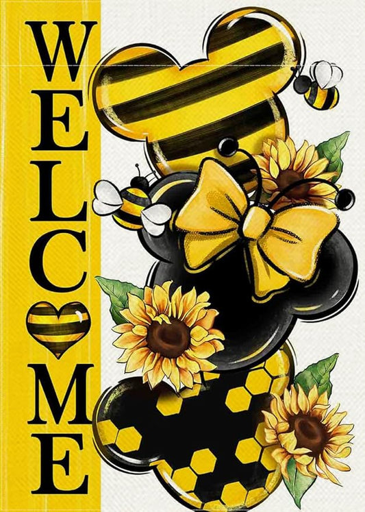 Welcome Spring Decorative Garden Flag, Yellow Sunflower Honey Bumble Bee Yard Outside Decorations, Seasonal Burlap Outdoor Small Home Decor Double Sided 12 x 18