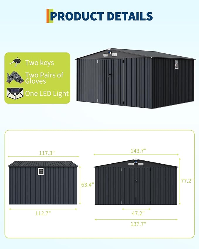 Garvee 10x12 ft Heavy-Duty Metal Storage Shed with Lockable Door & Windows - Galvanized Steel Outdoor Utility Shed with Sloped Roof for Backyard, Garden, Garage, and Patio, Dark Gray