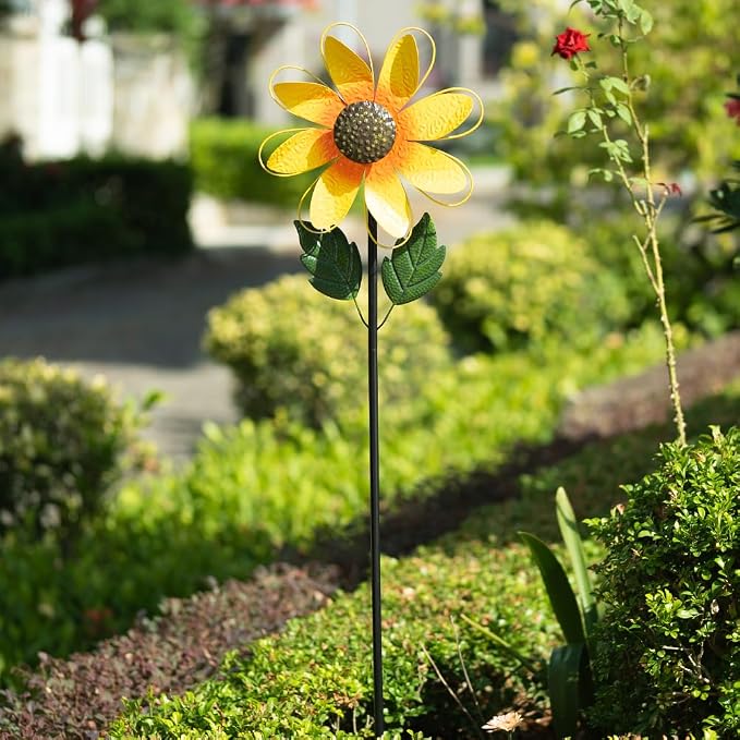 DREAMSOUL 13 Inch Dia Wind Spinner Outdoor, Sunflower Wind Spinner Metal Kinetic Spinner for Garden Yard Art Decor (57 * 13 Inches)