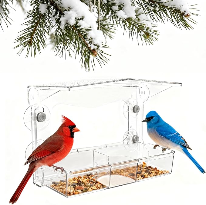 Clear Window Bird Feeder with 5 Extra Strong Suction Cups, Acrylic Wildlife Seed Feeder， as an Outdoor Transparent Bird Watching Gift, Easy-to-Clean, Garden Decor，Middle Size