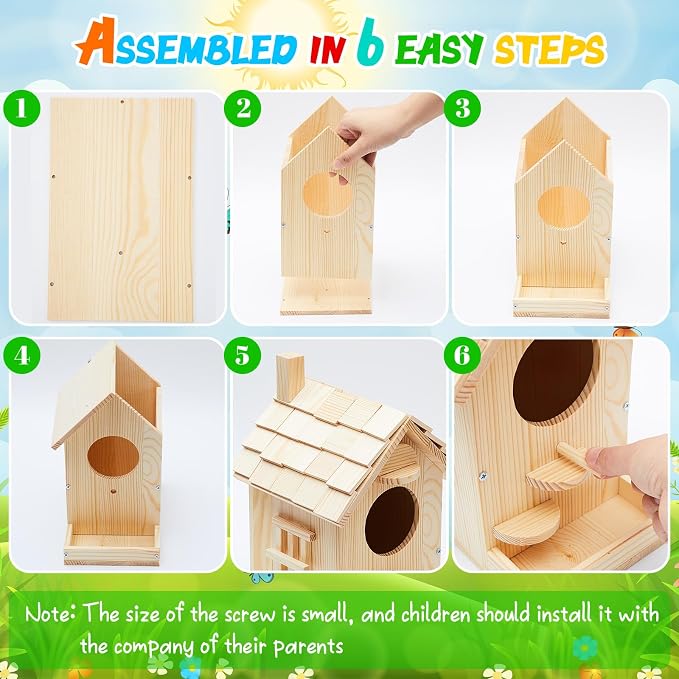 Liliful 4 Pack Wooden Bird House Kits, Build It Yourself Woodworking Kit for Adult Kids 4-8, 8-12 with Paint and Paintbrushes, Solid Weather Proof Natural Pine Wood, Pre Drilled (Modern Style)
