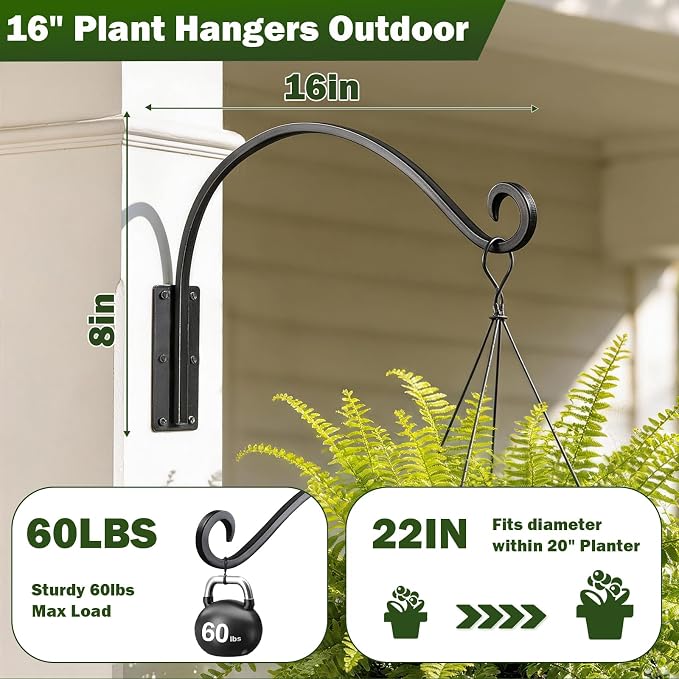 Heavy Duty 16 Inch Plant Hangers Bracket Outdoor, 60lbs Weight Capacity-2 Pack Metal Wall Hooks for Hanging Plants, Bird Feeder, Wind Chime, Wall Decor, Plant Hanger Hooks for Hanging Flower Baskets