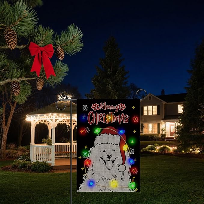Christmas Dog Garden Flag - Led Samoyed Christmas Decor for Outside, Welcome Garden Flags Double-Sided Flag for Seasonal Christmas Winter Farmhouse Yard Lawn Decoration Gifts 12x18 inches