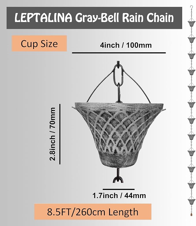 8.5FT Bell Iron Rain Chains for Gutter and Rain Barrel, Rust-Resistant Plated Garden Décor for Downspout, Bonus Rain Chain Gutter Adapter (Antique-Gray)