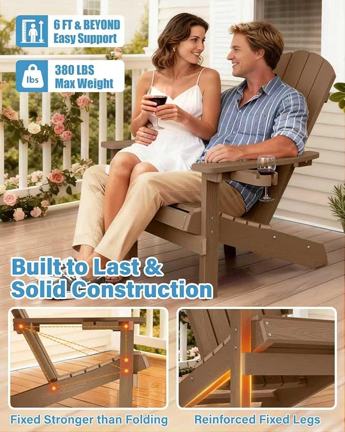 YEFU Adirondack Chairs Set of 4: Outdoor Chair HIPS Plastic Adirondack Chairs - Patio Chairs with Cup Holder & Wood Texture - Lawn Fire Pit Deck Porch Garden Chairs for Adults (Teak)