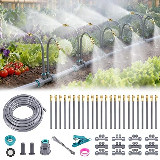 39 FT Drip Irrigation System - Double-Head 360° Adjustable Garden Watering System with 24 Spray Nozzles, Garden Atomizing Misting System & Irrigation System for Garden, Greenhouse, Yard, Lawn, Plants
