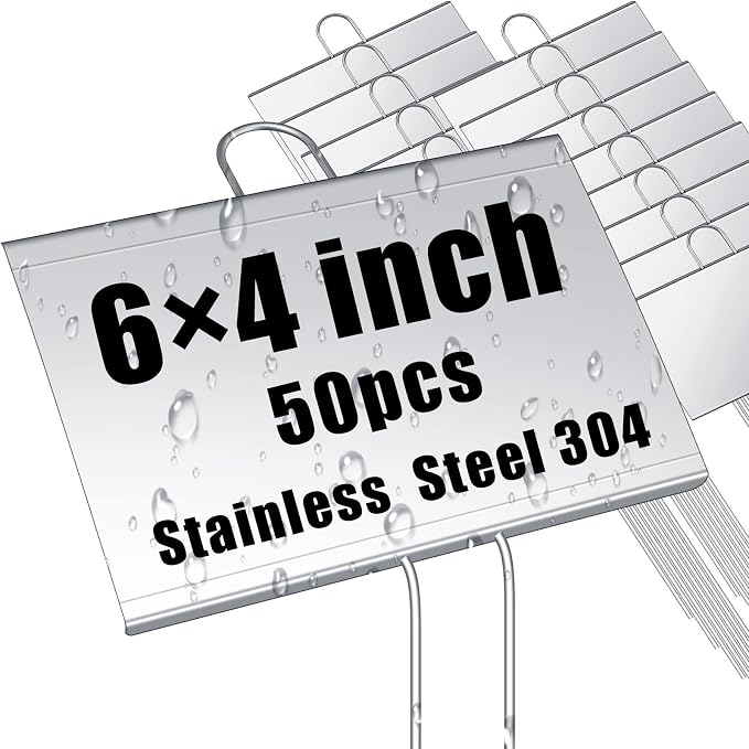 Landhoow 50 Pcs Large Garden Plant Markers Metal Plant Labels Sign 4'' x 6'' with 11'' Stake Weatherproof Waterproof Garden Sign for Outdoor Seedlings Herbs Vegetable Greenhouse, Silver