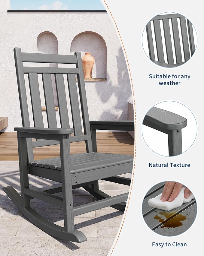 GarveeLife Poly Lumber Rocking Chair Outdoor Set of 6- HDPE High Back Porch Rocker Chairs for Adults - All Weather Resistant Furniture for Patio - Gray