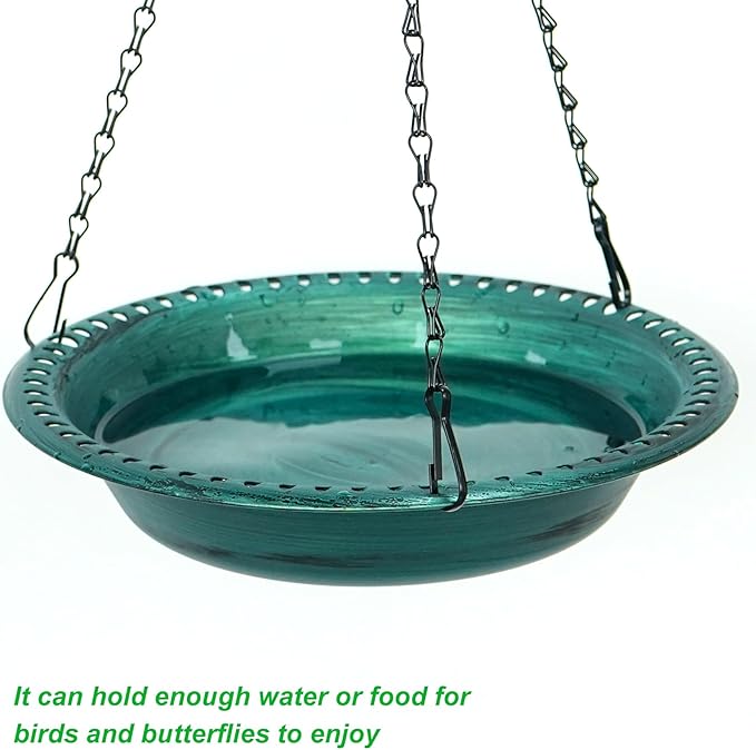 Antique Outdoor Garden Hanging Bird Bath for Outside, 12 inch Heavy Duty BirdBath Bowl Only with Chains, Hanging Bird Feeder Tray for Backyard Decor Green