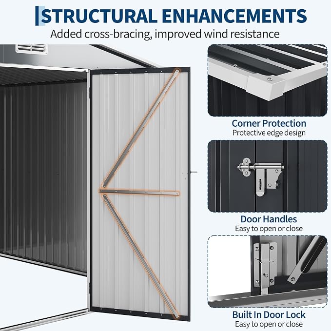 8x8 FT Metal Storage Shed, Outdoor Garden Tool Shed with Lockable Door and Air Vents, Steel Utility Storage for Backyard, Yard, Patio, Bike, Lawn Mower, Equipment