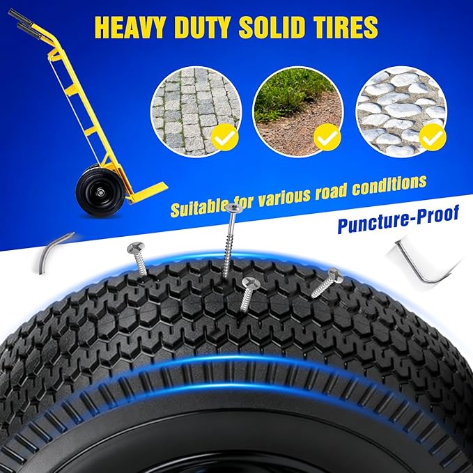 4.10/3.50-4 Flat Free Tire, 10 Inch Solid Tires and Wheels Replacement with 5/8'' Bearings, 2.2" Offset Hub for Hand Truck, Dolly, Wheelbarrow, Includes Adapter Kit (2 PACK)