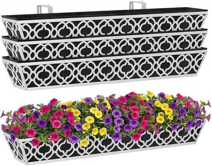 Y&M 4Pcs 36'' Railing Planter Box Set with Adjustable Brackets, Large Hanging Window Boxes for Fence, Deck, Balcony, and Garden, Gray Metal Frame with Black Nonwoven Fabric Liner