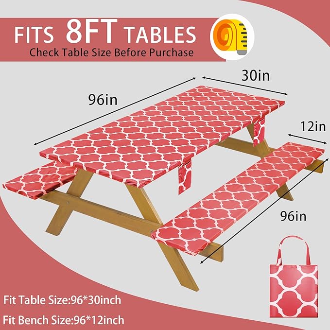 Fitted Waterproof Picnic Table Cover with Bench Covers Elastic Heat Resistant Outdoor Camping Tablecloth for 8 Foot Dinning Rectangle Tables Summer Rv Patio Garden Road Trip Essential Gift