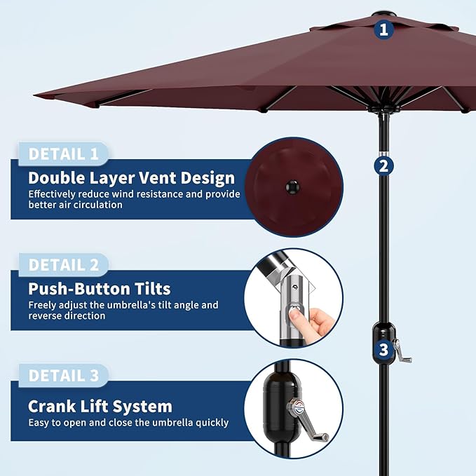 Garvee 9 ft Patio Umbrella - 8 Sturdy Ribs Outdoor Table Umbrella with Crank Lift & Push Button Tilt - Market Umbrella for Pool, Deck, Yard, Garden - Dark Red