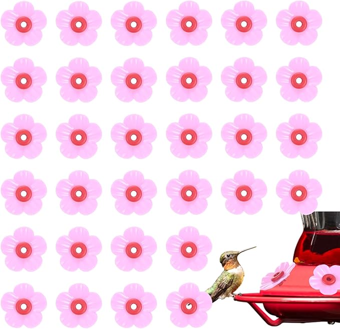 M METERXITY 32-Pack Hummingbird Feeder Replacement Flowers, Plastic Pet Hummingbird Feeding Parts Feeding Ports for Outdoor Hanging Feeders, Bees Guards [Rose Pink, Red]