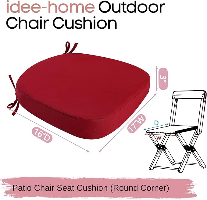 idee-home Outdoor Chair Cushions Set of 2, 19" x 19" x 3" Thick D-Shaped Patio Furniture Outdoor Seat Cushions Waterproof with Ties, Dining Pads