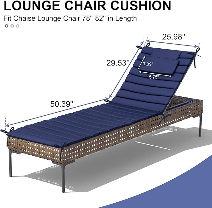 Crestlive Products Chaise Lounge Cushion Outdoor Set of 2, Foldable Waterproof Pool Lounge Chair Cushions with Straps, Lounger Cushions for Outdoor Furniture， 80''Lx26''W (Navy)