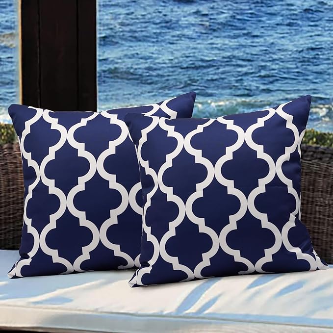 Pack of 2 Outdoor Waterproof Throw Pillow Covers 18x18 Navy Blue and White Throw Pillow Covers Outdoor Pillows Covers for Patio Furniture Garden Balcony Sunbrella Outside(No Pillow Insert)