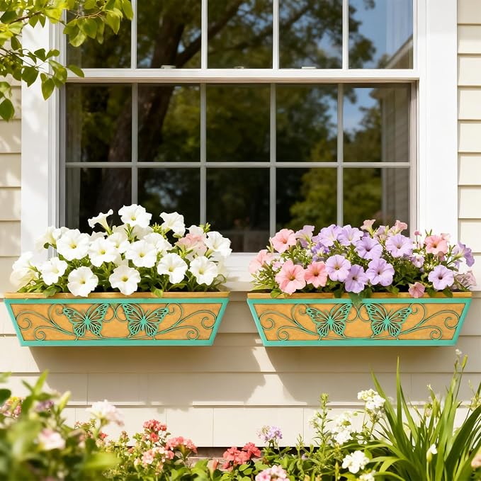 4 Pack 24 Inch Railing Planter Boxes Window Box Planters with Liner | Adjustable Bracket, Heavy Duty Hanging Basket, Metal Butterfly Decor, Retain Moisture Liner, Vibrant Spring Green