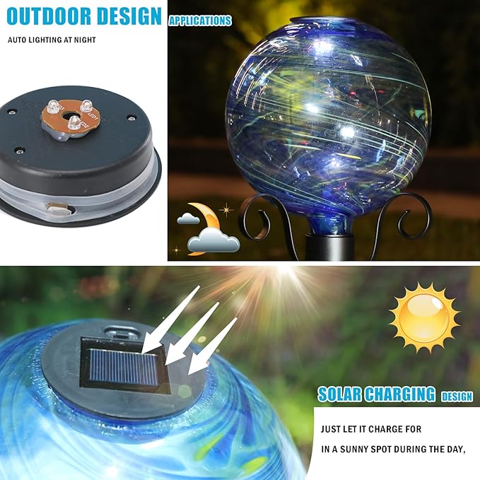 VCUTEKA Solar Gazing Ball, Glass Gazing Balls Sphere with Solar Light for Garden Lawn Outdoor Ornament Yard Decorative, Blue Swirl, 10"