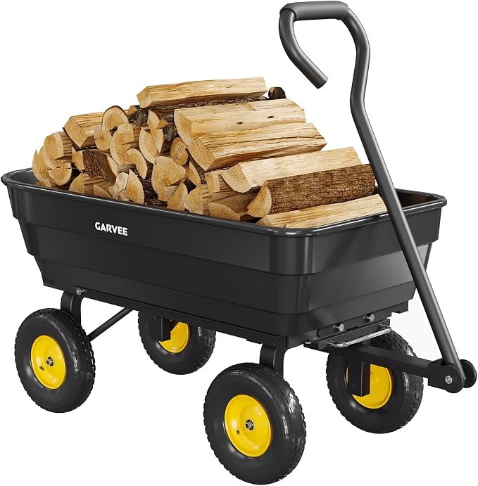 GarveeLife Poly Garden Dump Cart, 600 lb Wheelbarrow Yard Cart with 10 in Wheels, Quick-Dump & Towable Utility Wagon for Yard, Soil, Rocks（Black）