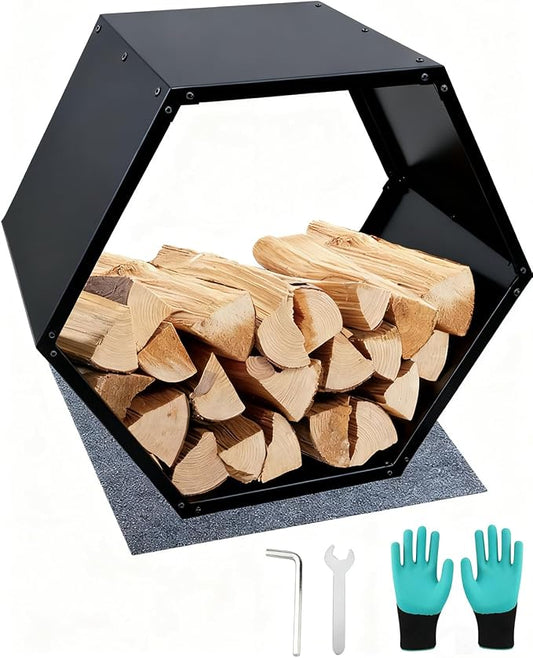 Firewood Log Rack, Heavy-Duty Steel Firewood Rack Outdoor with Hexagon Design, Fire Log Holder for Wood Storage, Wood Holder for Indoor and Outdoor- Black