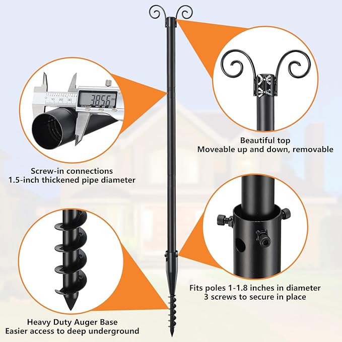 String Light Poles for Outside 9.3 FT - 2 Pack Outdoor Patio Decor Poles for String Lights Hanging, Heavy Duty Auger Ground Anchor, 1.5 inch Diameter Adjustable Metal Post