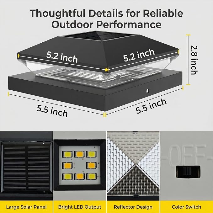 T-SUN 12 Pack Solar Post Cap Lights 4x4 5x5 6x6, Outdoor Waterproof Solar Deck & Fence Post Lights, Warm White/Cool White for Wood & Vinyl Posts, Fence, Deck, Gate & Porch