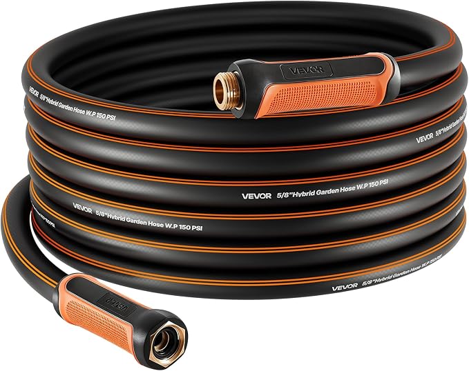 VEVOR Garden Hose, 50 ft 5/8" Heavy Duty 4-Layer Rubber Water Hose, 150PSI Working & 600PSI Burst, Flexible & Non-kink Outdoor Waterhose with 3/4" Fitting, Lightweight Hoses for Gardening Cleaning