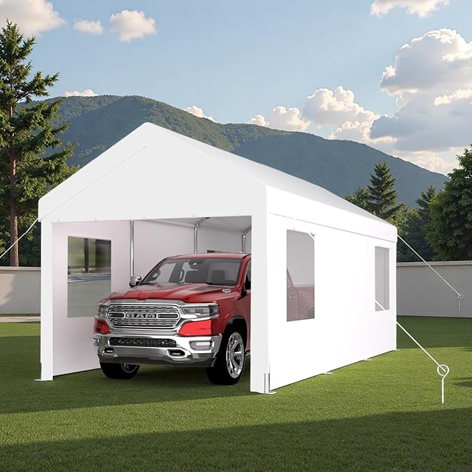 10x20FT Canopy, Outdoor Portable Garage with 2 Roll-Up Doors & 4 Ventilated Windows, Patio Camping Heavy Duty Car Port Canopy with PE Cover, Ground Pegs & Steel Cables, Easy Assembly, White
