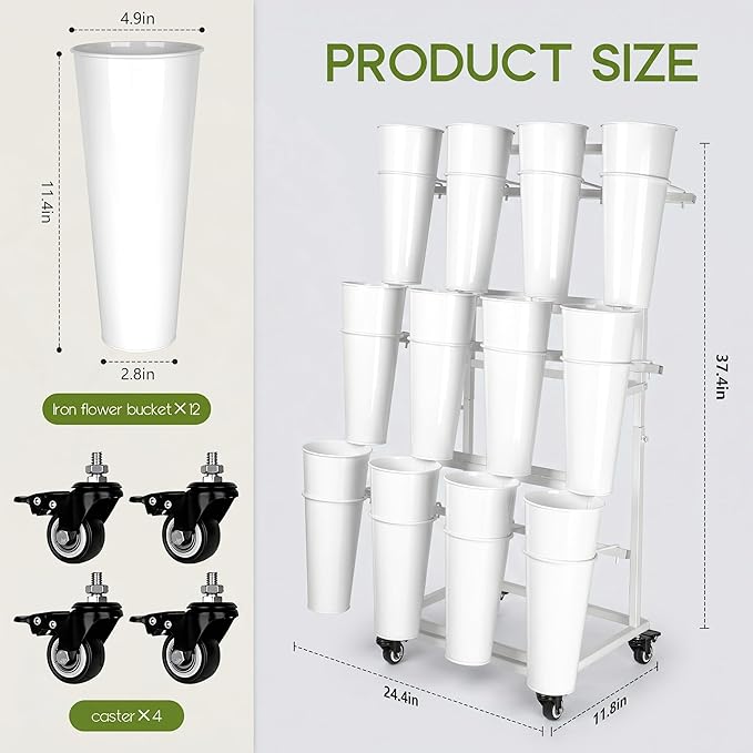 12 Buckets Flower Bar Stand,3-Tier Metal Flower Display Stand on Wheels,Mobile Flower Cart for Indoor & Outdoor Garden, Flower Shop, Wedding, Party Decor