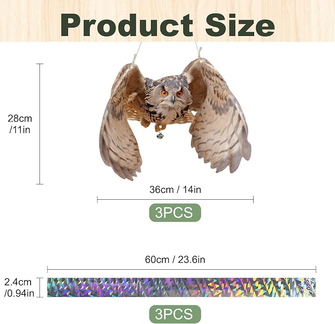 3 Pcs Hanging Fake Owl to Scare Animals Away, Flat Cardboard Fake Owl Keep Pigeon Woodpecker Away, Weatherproof Outdoor Decor for Contryard Patio Backyard Front Porch Balcony Orchard Windows