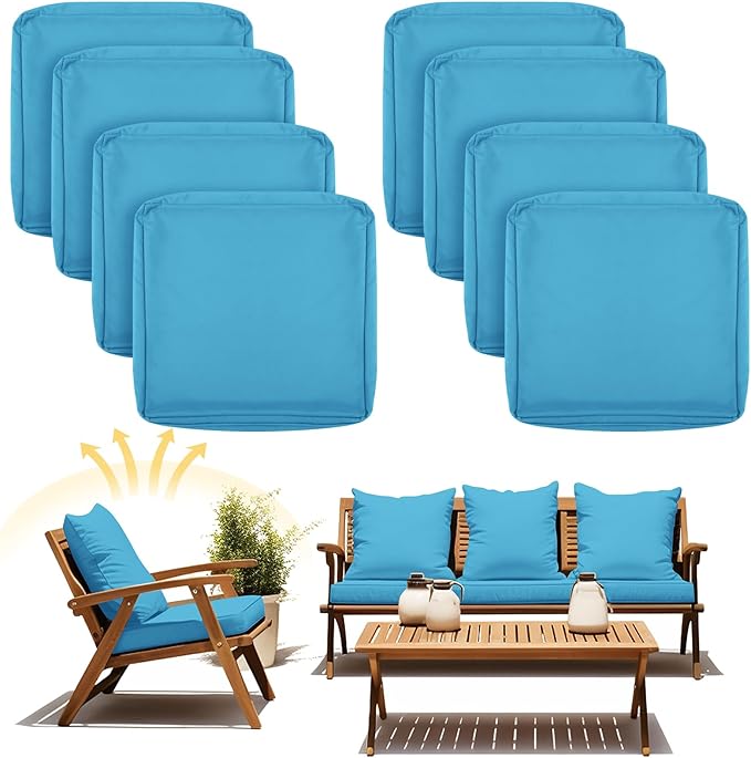 Mindsoft 8 Pcs 24"x24" Patio Cushion Covers Outdoor Cushion Covers Replacement High UV Resistant Anti Slip Waterproof Patio Chair Seat Slipcovers for Outdoor Furniture(Lake Blue)