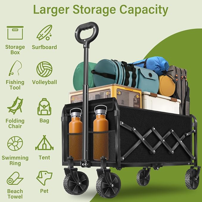 Wagons Carts Foldable, 500LBS Heavy Duty Collapsible Wagon with Wheels, Portable Foldable Wagon with Brake, for Grocery Shopping Camping Beach Garden Storage， Adjustable Handle & Large Capacity