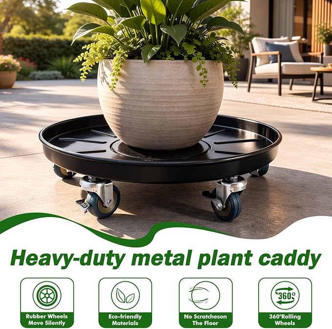 Planterhoma 3 Packs 20" Metal Plant Caddy with Wheels Extra-Large Rolling Plant Stand Heavy-Duty Plant Dolly with Casters Indoor Outdoor Wheeled Flower Pot Mover Rollers Garden Cart Trolley, Black