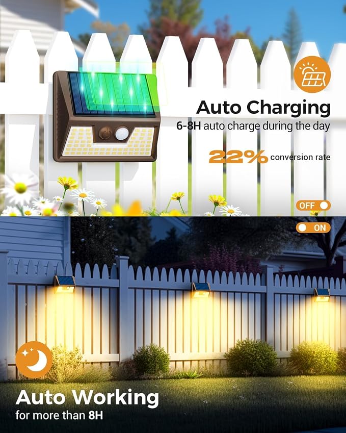 Vighep 4 Pack Solar Fence Lights Waterproof, Motion Sensor Deck Outdoor, Warm White LED for Wall Yard Steps Stairs Garden - Brown